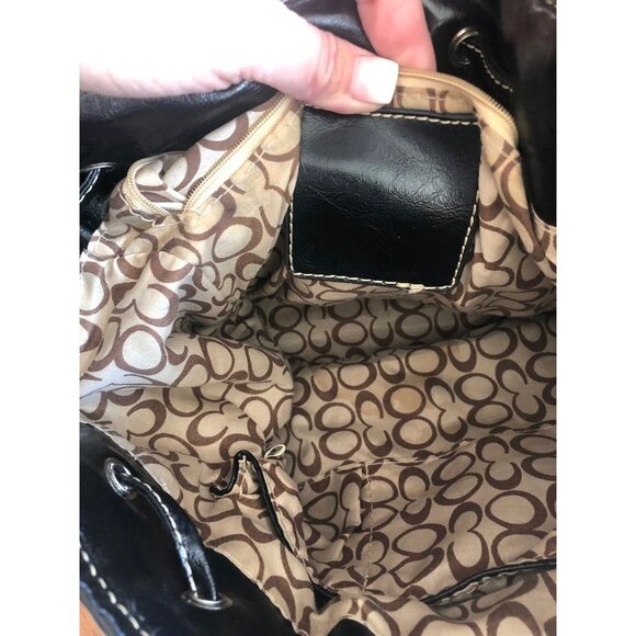 WOMENS BLACK CANVAS & NYLON BACKPACK INSIDE/OUTTER POCKETS, DRAW STRING CLOSURE - Picture 8 of 13